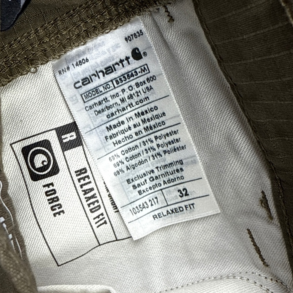 Carhartt Mens 32 Relaxed Fit Force Ripstop Cargo Work Shorts Khaki BS3643 - Picture 4 of 9